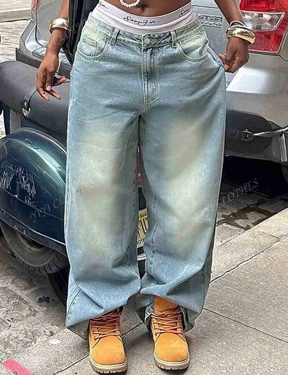 Pantalones vaqueros anchos de mujer con bolsillos y pierna ancha.: Azul claro / L