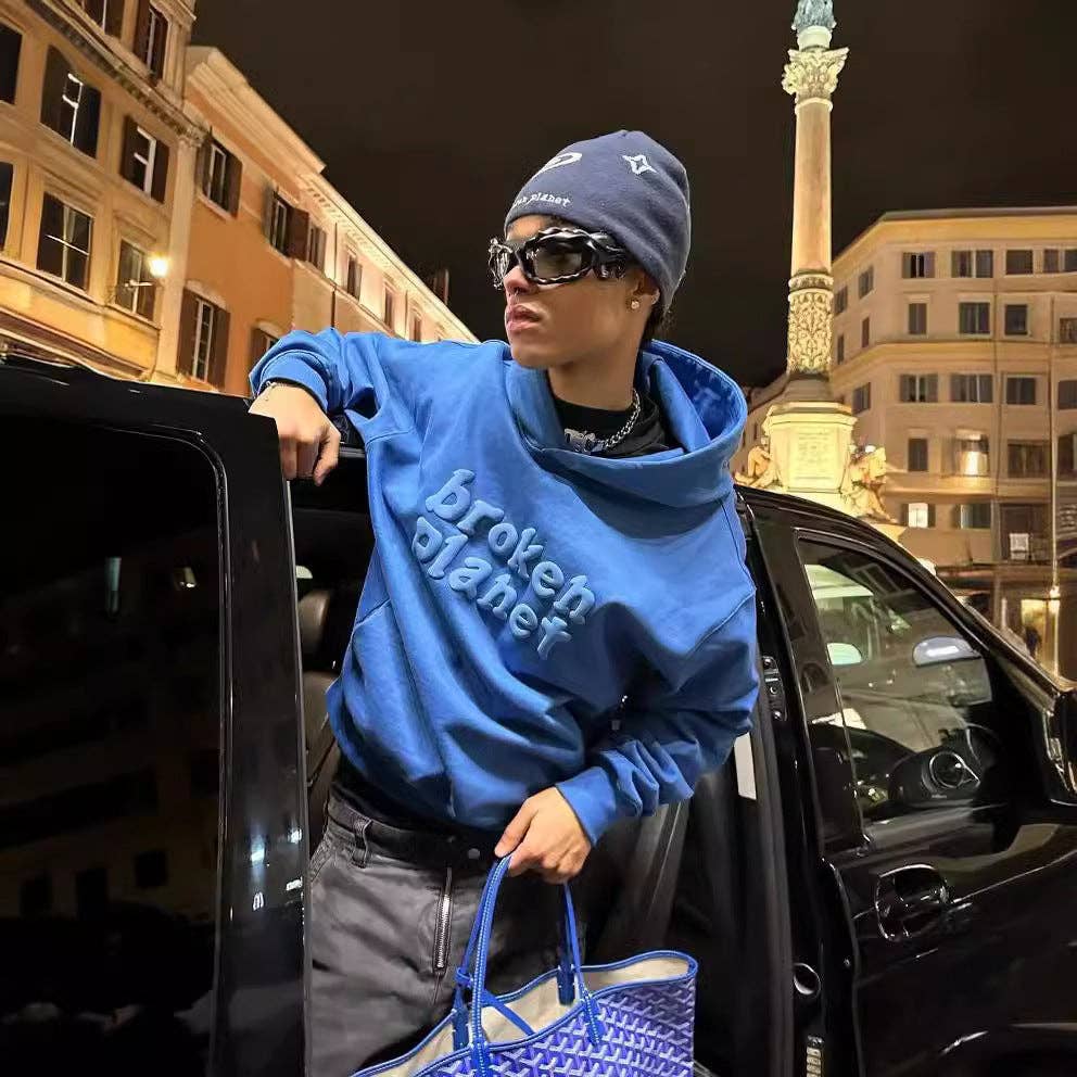 Sudadera con capucha de estilo callejero unisex de gran tamaño con estampado de letras Y2K: Azul colorido / M