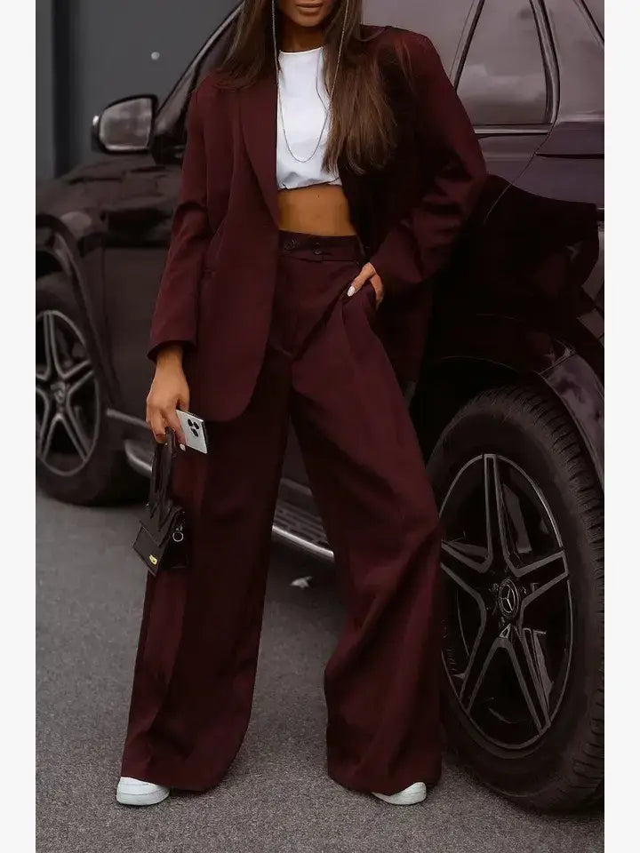 Conjunto: Chaqueta y Pantalón Ancho -Burdeos (S)