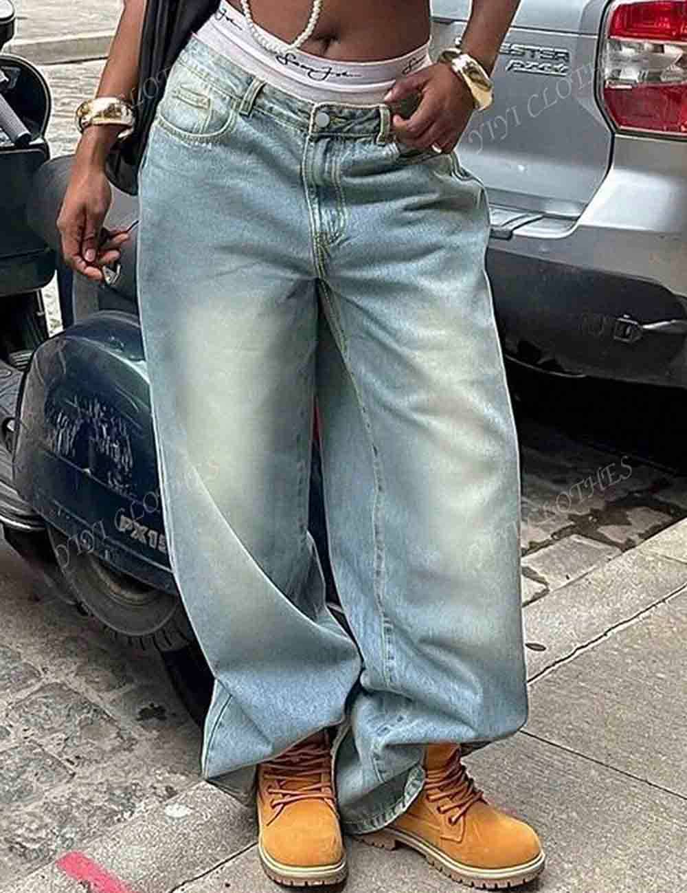 Pantalones vaqueros anchos de mujer con bolsillos y pierna ancha.: Azul claro / S