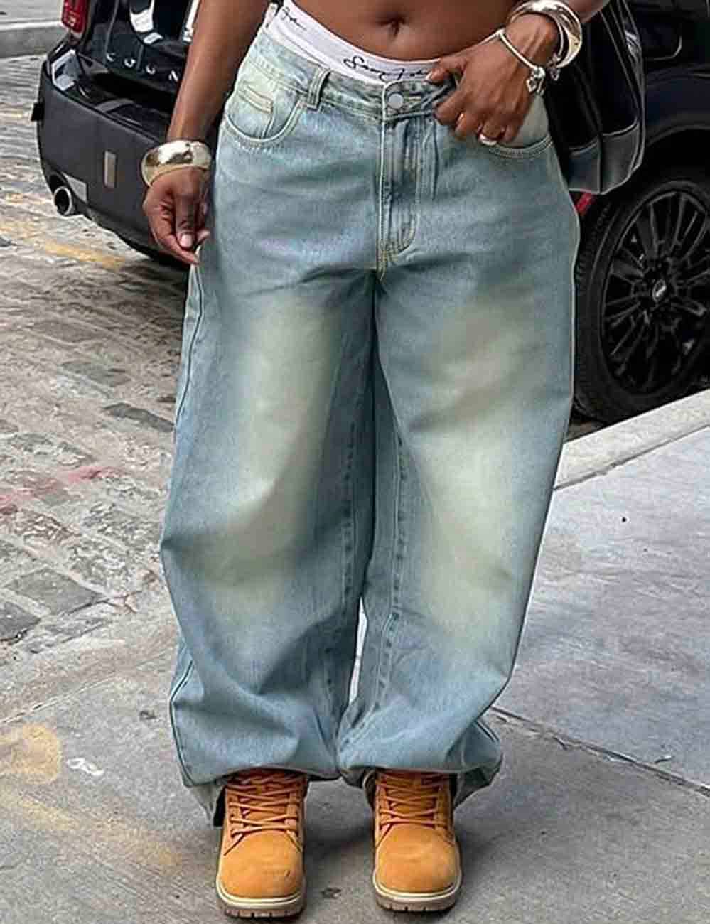 Pantalones vaqueros anchos de mujer con bolsillos y pierna ancha.: Azul claro / L